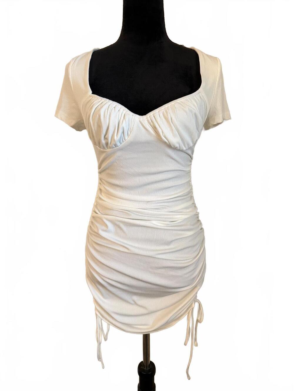White Ruched Short Sleeve Bodycon Dress with Drawstring